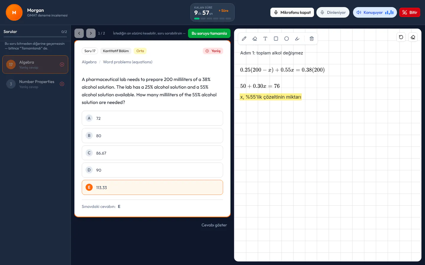 AI Tutor ders ekranı: solda yanlış ve boş bırakılan sorular, ortada bir GMAT Quantitative karışım sorusu (%25 ve %55'lik çözeltiler), sağda hocanın tahtaya alt alta yazdığı adımlar.