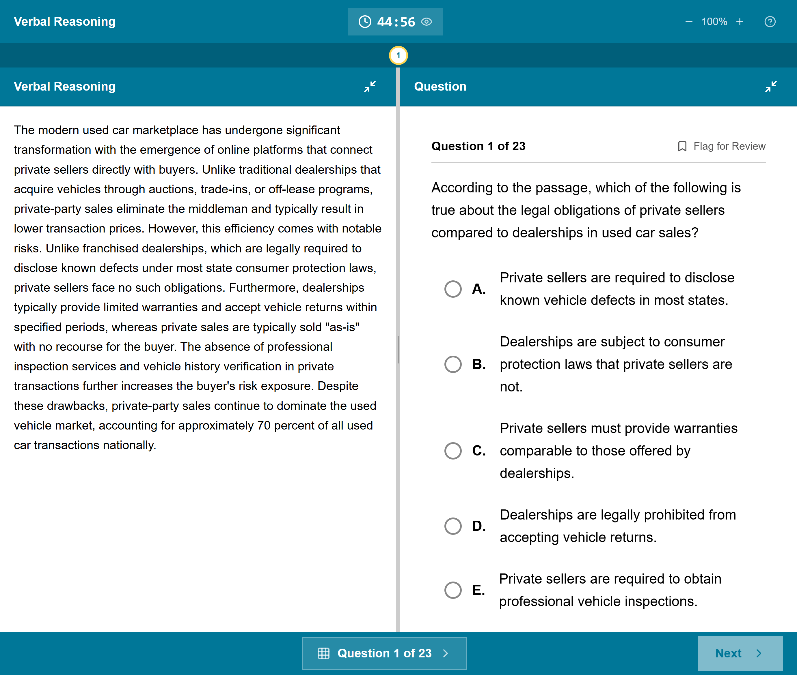 GMAT sınav arayüzünde bir soru: solda metin, sağda şıklar